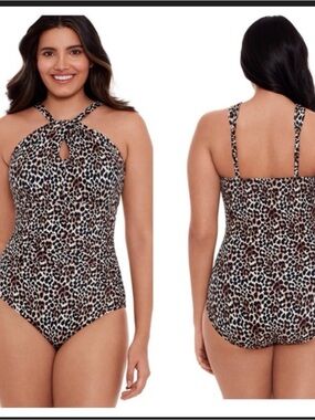 Embrace Your Curves Leopard Print Halter One-Piece Swimsuit, Large